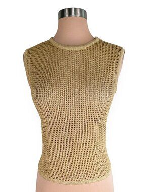 St. John Sport Gold Metallic Sheer Crochet Knit Sleeveless Shell Tank Top P